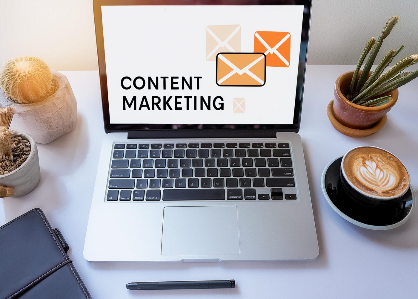 En bärbar dator med Content Marketing och kuvertikoner på skärmen står på ett skrivbord med en kopp kaffe, två kaktusar i kruka, en anteckningsbok, en penna och en smartphone.
