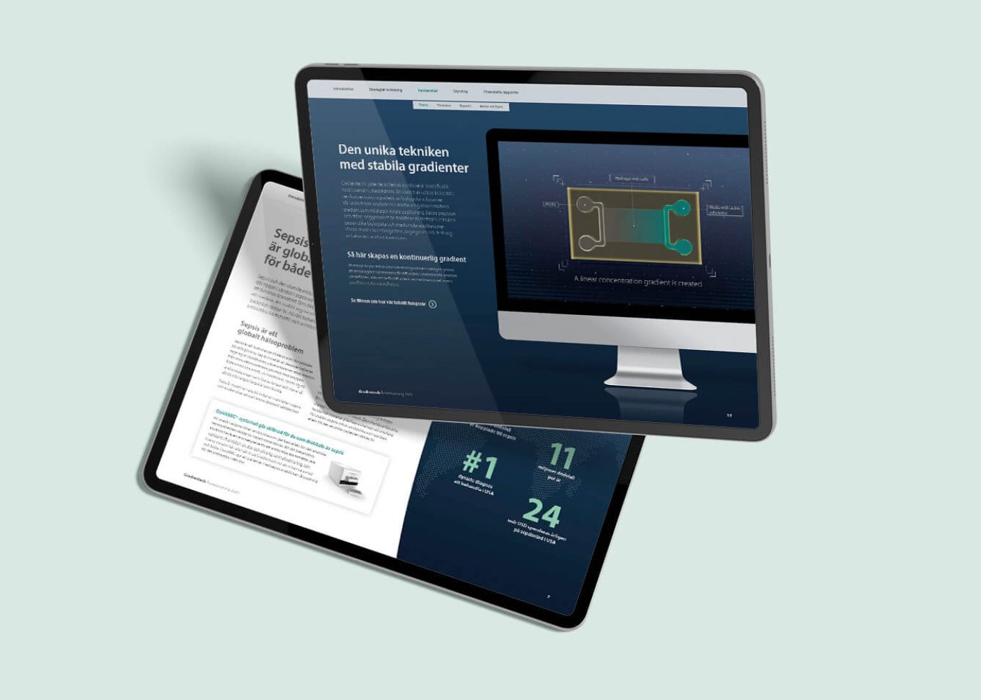 Två surfplattor mot en ljus bakgrund; den ena visar en webbsida med en datorgrafik och svensk text, den andra visar en sida med text och en liten bild, båda skärmarna har blå och vita toner.