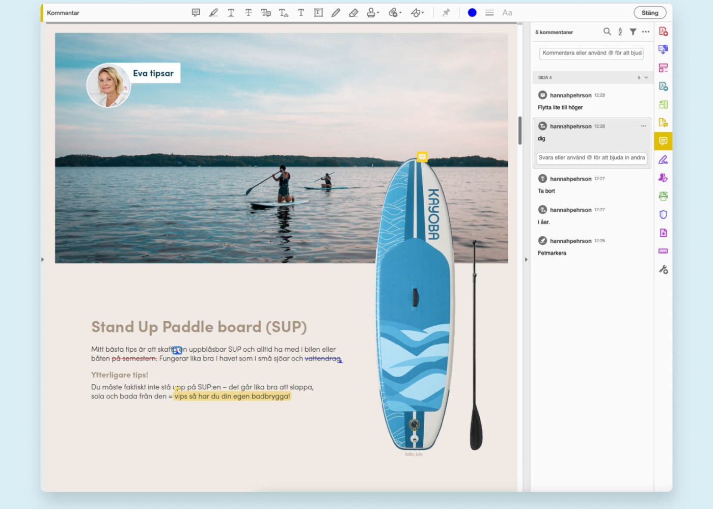 En skärmdump av ett dokument om stand up paddle boarding, som visar en bild av två personer som paddlar på en sjö, en blå paddelbräda, en paddel och text med markerade kommentarer och anteckningar på höger sida.