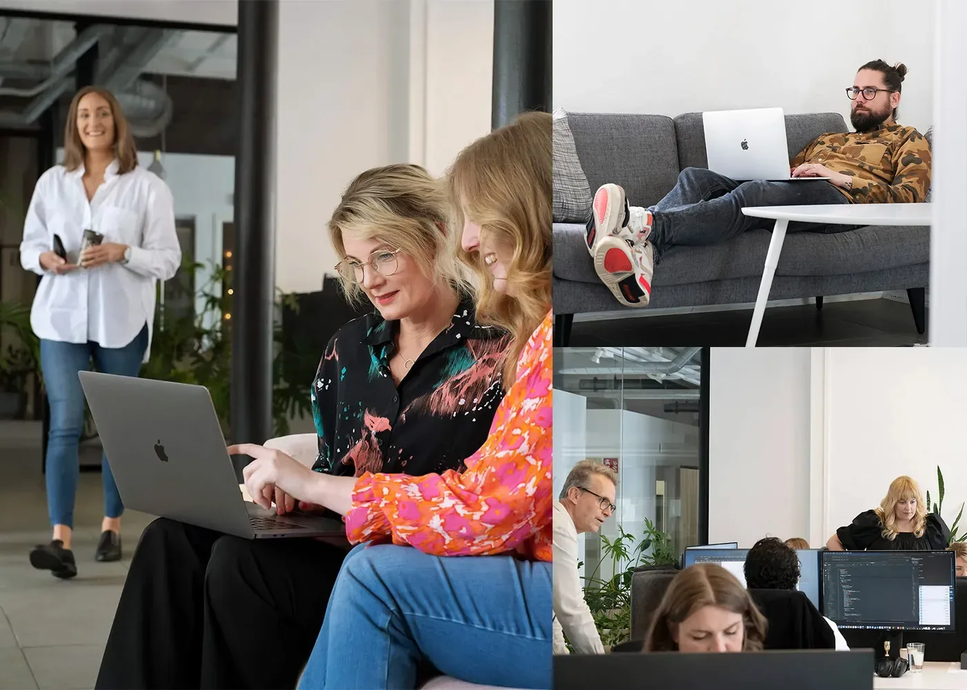 Ett collage som visar människor som arbetar: två kvinnor samarbetar på en bärbar dator, en man ligger i en soffa med en bärbar dator, en kvinna går med kaffe i handen och en grupp arbetar tillsammans på ett kontor med datorer.