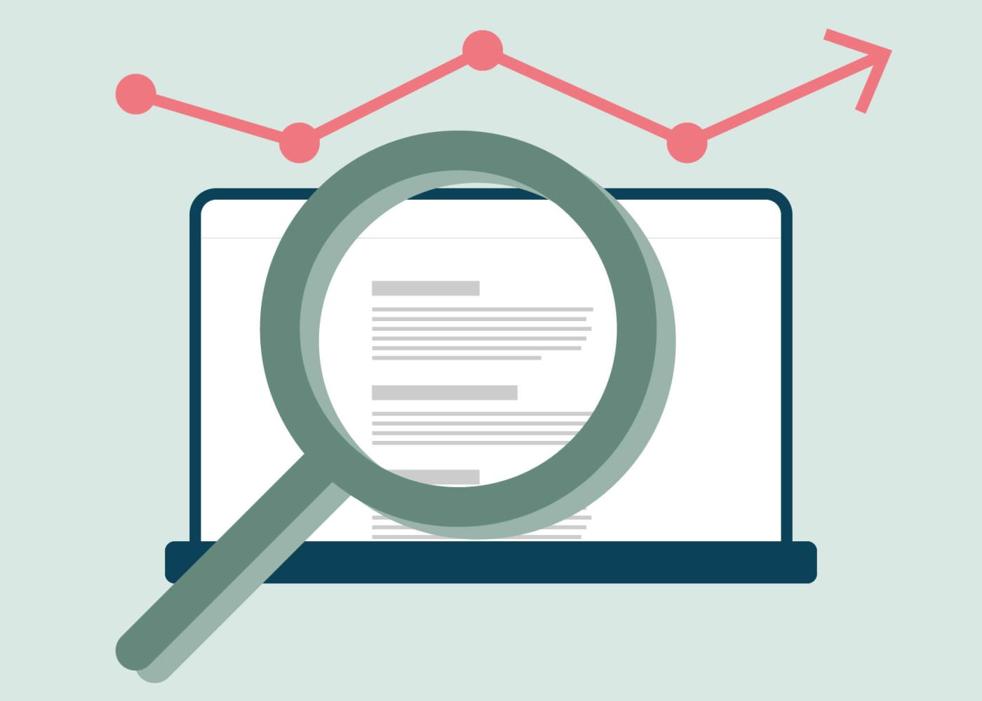 Illustration av ett förstoringsglas över en laptopskärm som visar text, med ett rött linjediagram med uppåtgående trend ovanför, symboliserar dataanalys eller onlineforskning.