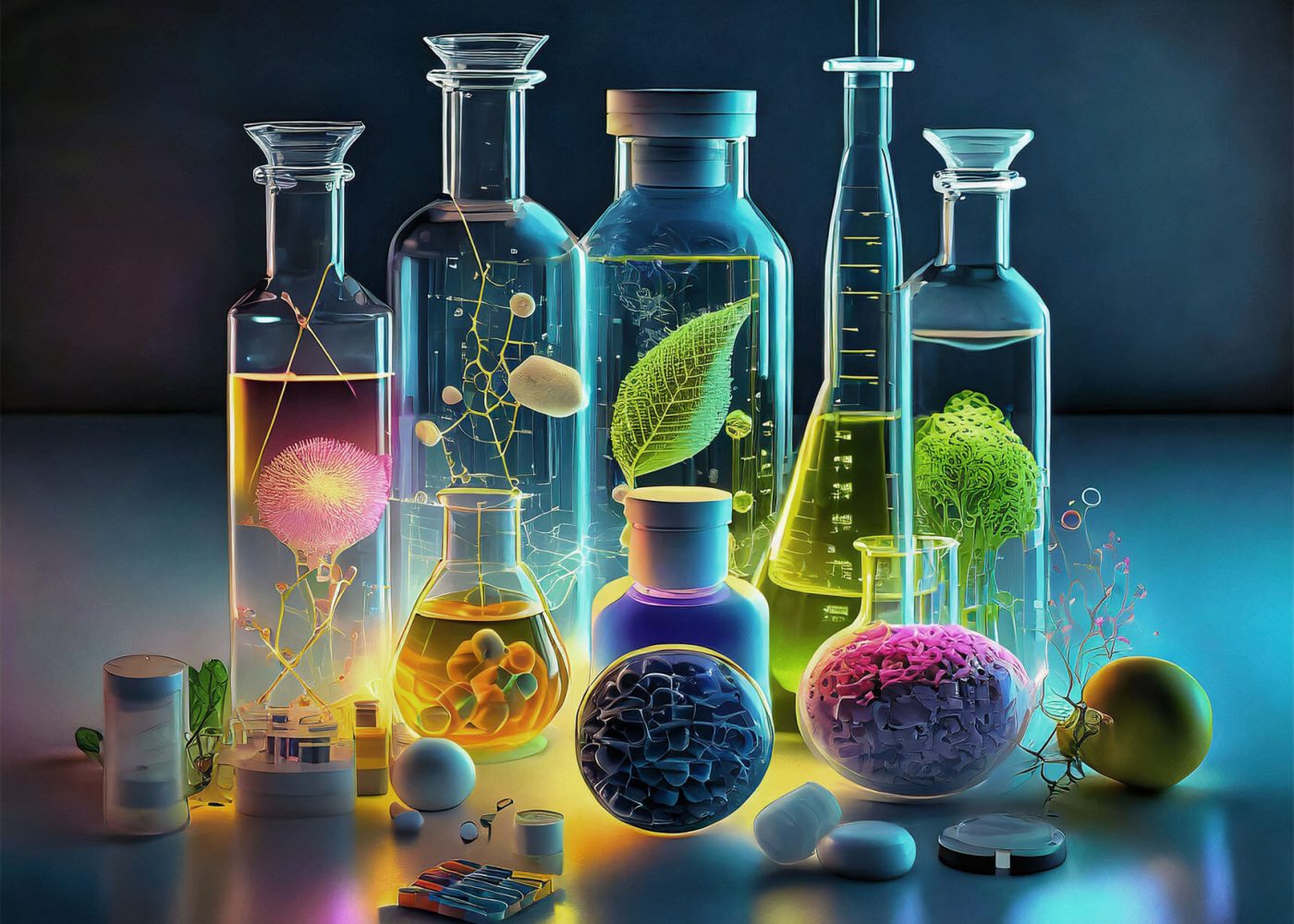 En samling laboratorieflaskor och kolvar i glas fyllda med färgglada vätskor, flytande molekyler, blad och celler, upplysta av neonblå, gula och rosa lampor på en reflekterande yta.