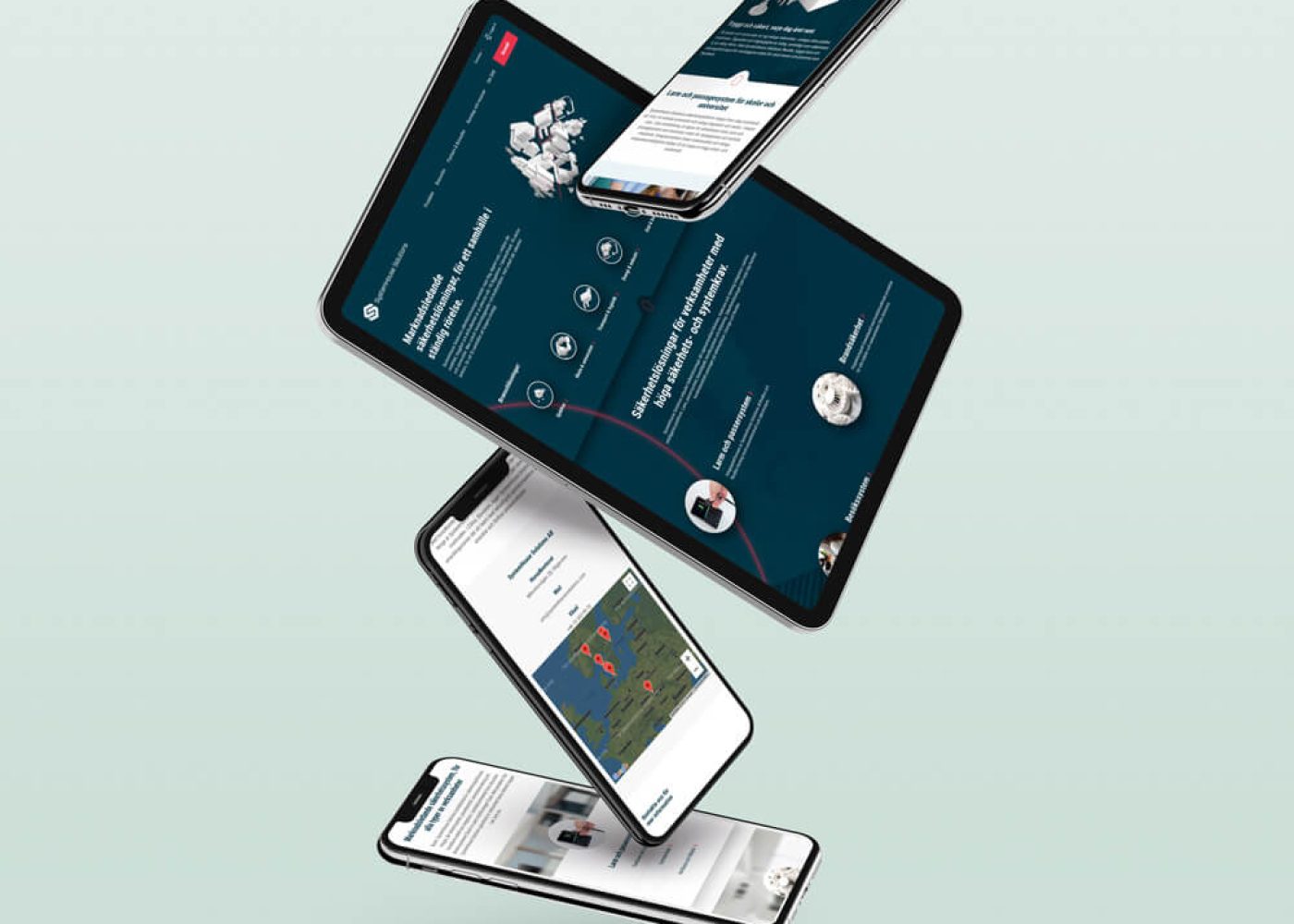 Sex smartphones och surfplattor svävar i luften och varje skärm visar olika delar av en webbplats för företag eller teknik med mörkblå bakgrund och vit text mot en ljus bakgrund.