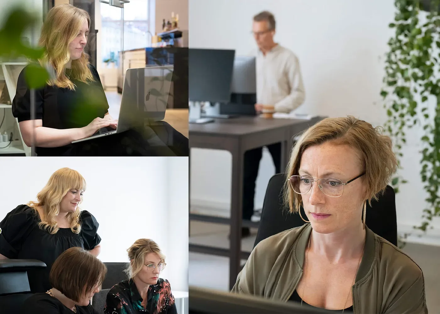 Ett collage som visar människor som arbetar på ett modernt kontor: en kvinna som skriver på en bärbar dator, två kvinnor som diskuterar något vid ett skrivbord, en man som arbetar vid ett ståbord och en kvinna som fokuserar intensivt på en datorskärm.
