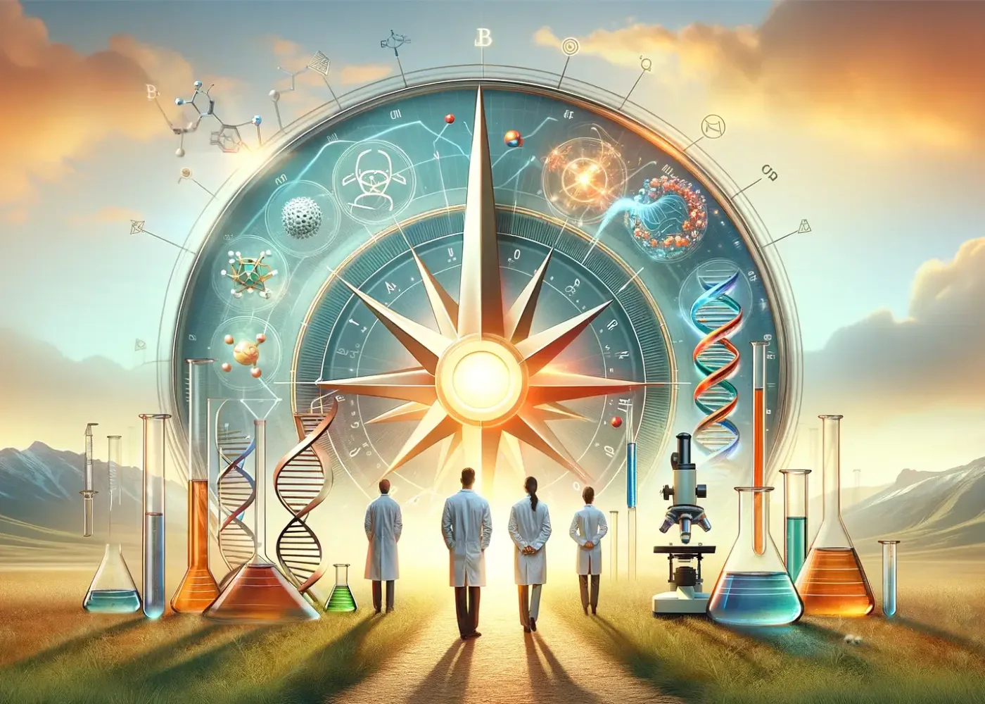 Fyra forskare står framför en lysande kompass omgiven av DNA-strängar, molekyler, laboratorieutrustning och vetenskapliga symboler, i ett öppet landskap med berg och en färgglad himmel.