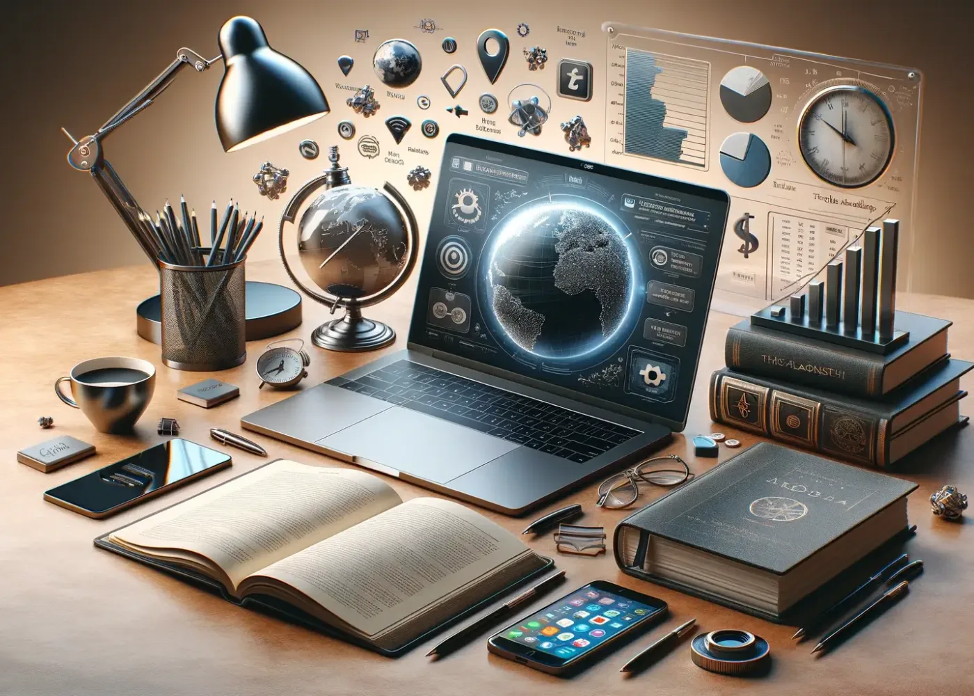 Ett skrivbord med en bärbar dator som visar en digital jordglob, omgiven av böcker, anteckningsblock, en smartphone, jordglobsmodeller, diagram, pennor, en lampa och flytande ikoner, som representerar modern affärsverksamhet, teknik och dataanalys.