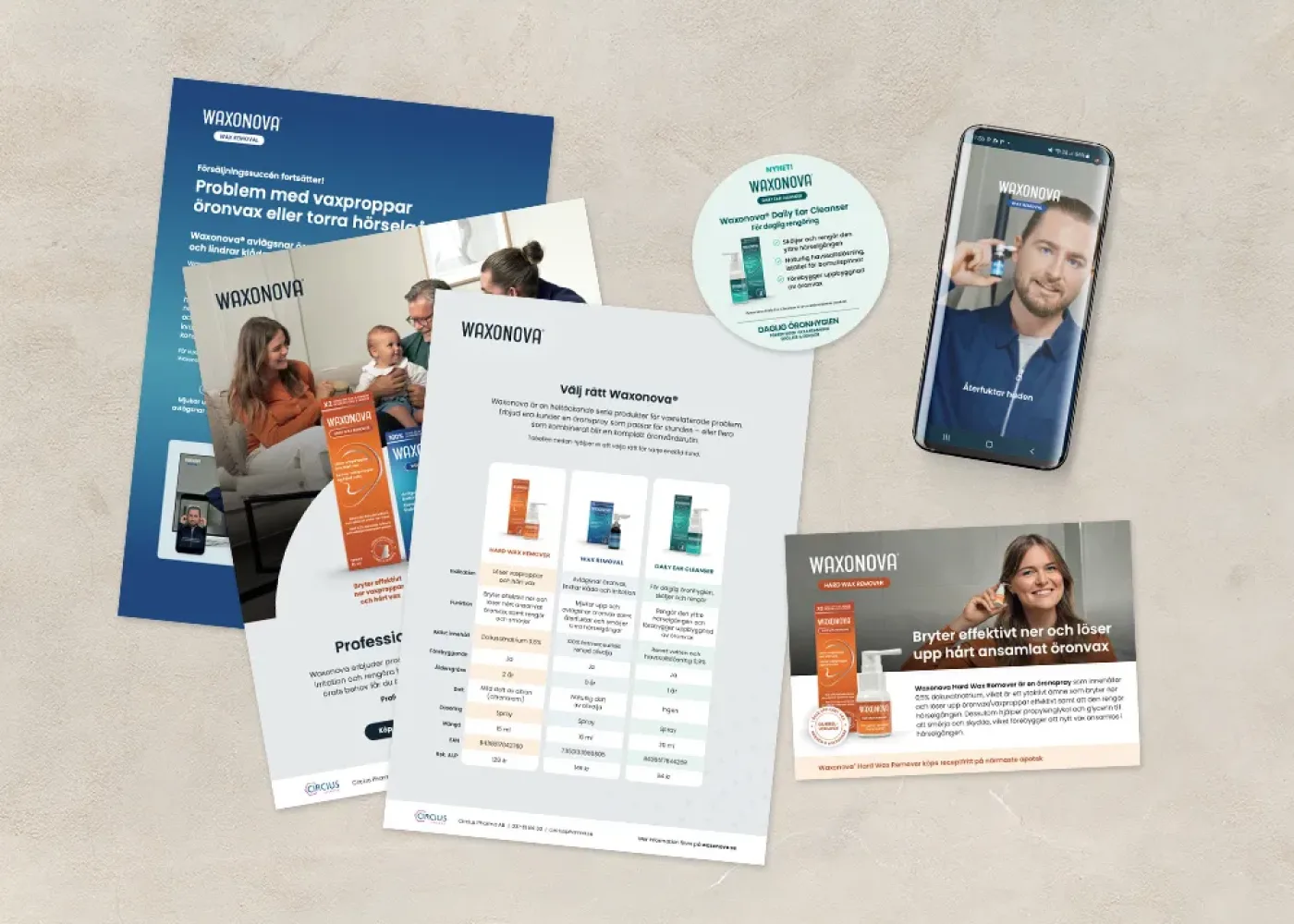 En plan bild av broschyrer, flygblad, ett visitkort, ett cirkulärt klistermärke och en smartphone som visar reklammaterial för produkter för hörselhälsa och öronvård, med bilder på yrkesverksamma och produktinformation.
