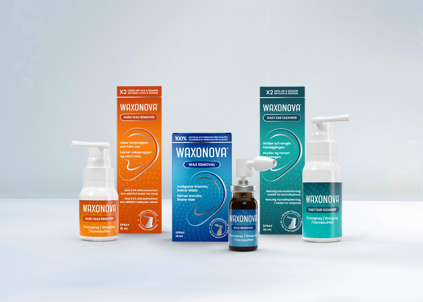 Produktbilder för Waxonovas produktutbud på en vit bakgrund.